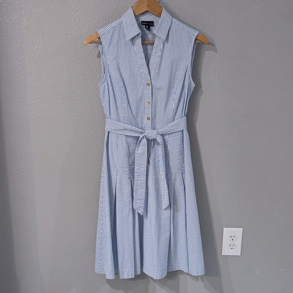 Jones New York Blue and White Striped Sleeveless Midi Shirt Dress with Tie Waist